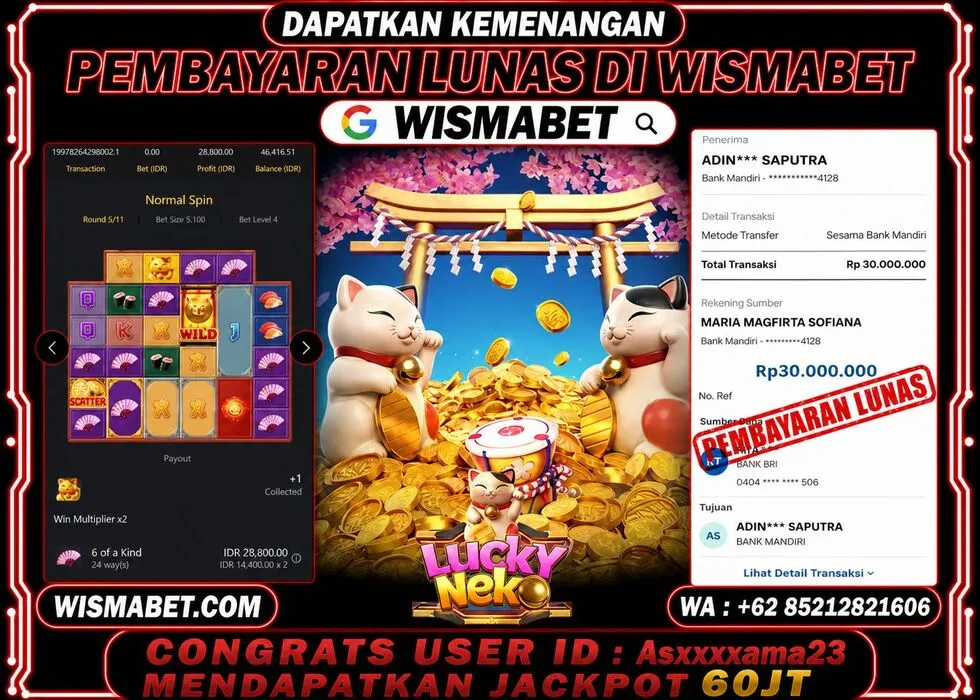 Wismabet - BUKTI KEMENANGAN Lucky Neko Rp60,000,000,- LUNAS